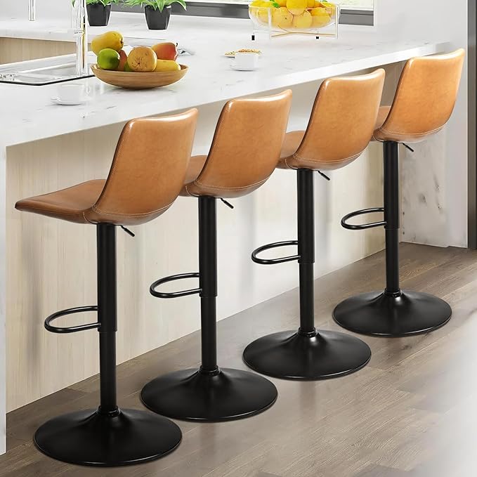 LEMBERI Bar Stools Set of 4 Modern Swivel Adjustable Barstools Counter Height with Backrest, Faux Leather Upholstered Bar Chairs for Kitchen Island (Whisky)