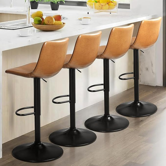 LEMBERI Bar Stools Set of 4 Modern Swivel Adjustable Barstools Counter Height with Backrest, Faux Leather Upholstered Bar Chairs for Kitchen Island (Whisky)