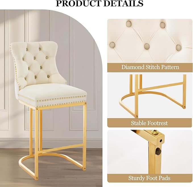 UVV Counter Height Bar Stools Set of 6, 26" Modern Barstools with Back, Velvet Upholstery Counter Chairs with Metal Legs for Kitchen Island, Bar, Counter, Beige