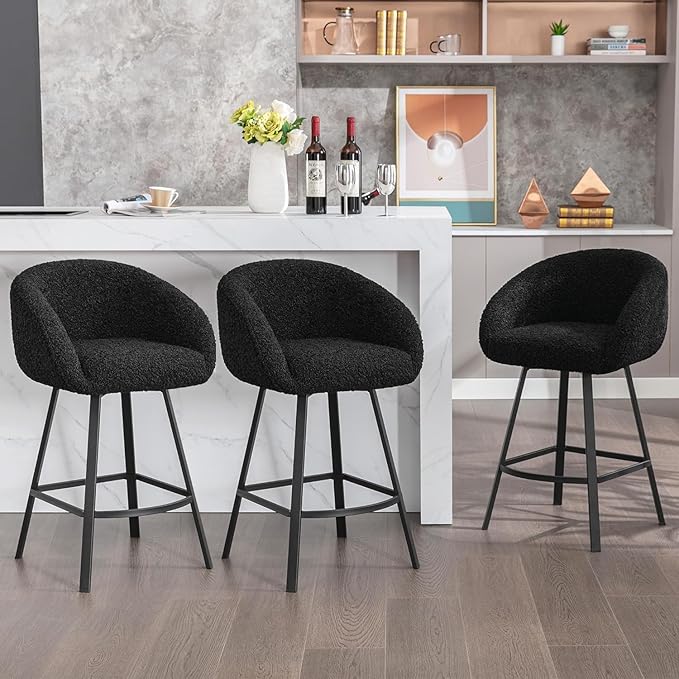 Zesthouse Swivel Counter Height Stools Set of 2, Modern Bar Stools for Kitchen Island, 26'' Black Sherpa Kitchen Counter Height Chairs with Barrel Arms & Backs, Upholstered Fabric Bar Chairs
