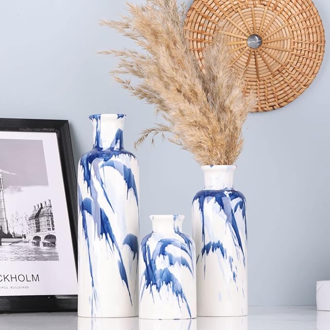 Blue Ceramic Vase Set of 3 - Decorative Navy Blue and White Vase for Centerpieces, Farmhouse and Home Decor - Ideal for Living Room, Kitchen, Bedroom, Dining Table and Office Decor