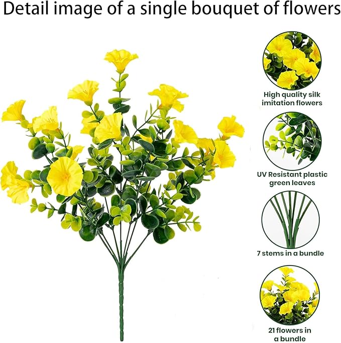 Artificial Outdoor Flowers 16 Bundles Fake Morning Glory Flower Outdoor UV Resistant Plastic Faux Flowers Plants for Decoration Indoor Outdoor Hanging Window Box Planter Home Porch Decor (Yellow)