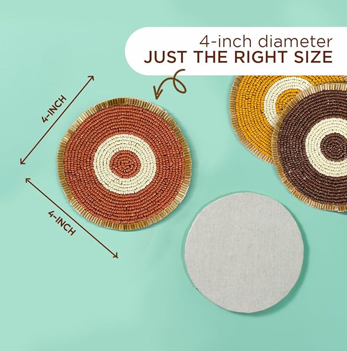 Folkulture Fall Beaded Coasters for Drinks | Set of 4 (4") Round Decorative Bar Coasters for Table Décorations | Cute Boho Coaster Set for Cocktail | Modern Coaster for Coffee Table | Evil Eye Decor