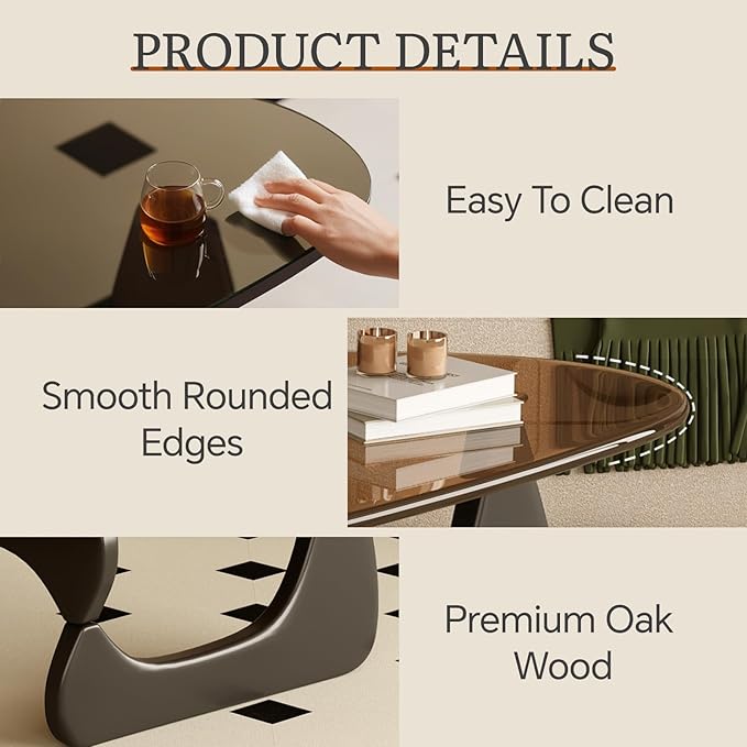 Glass Coffee Table for Living Room Mid Century Modern Triangle Center Table with Wooden Base, Brown/Black