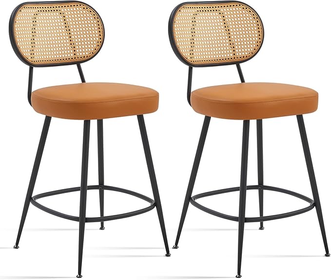 26" Rattan Barstools Set of 2, Counter Height Bar Chair with Black Metal Legs, Modern Armless PU Leather Pub Chair,Adjustable Feetpads Stools for Home Counter,Kitchen Dining Island,Cafe(WBR)