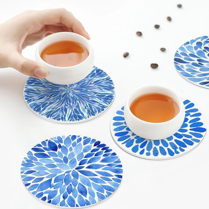 Blue Watercolor Flower Petals Coasters Set of 6 Coasters for Drinks Absorbent Double-Sided Leather PVC Coaster for Tabletop Protection Coffee Table Decor Ideal for Home Decor House Warming Gifts