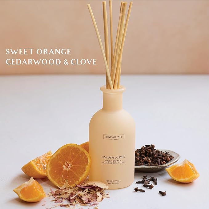 Benevolence LA Reed Diffuser - Orange, Cedarwood & Clove | Fall Home Fragrance Diffuser for Home & Bathroom | Long-Lasting Scent Sticks - Malibu Sands Collection