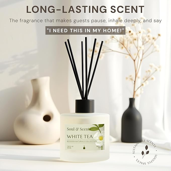 Soul & Scents Reed Diffuser Set – White Tea | 7.43 oz Refillable Scented Oil with 6 Fiber Sticks | Long-Lasting Home Fragrance & Air Freshener for Bedroom, Bathroom, Office | Gift & Décor Piece