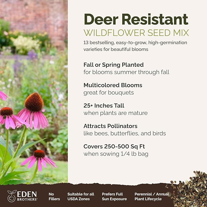 Eden Brothers Deer Resistant Wildflower Mixed Seeds for Planting, 1/4 lb, 120,000+ Seeds with Foxglove, Forget Me Not | Attracts Pollinators, Plant in Spring or Fall, Zones 3, 4, 5, 6, 7, 8, 9, 10