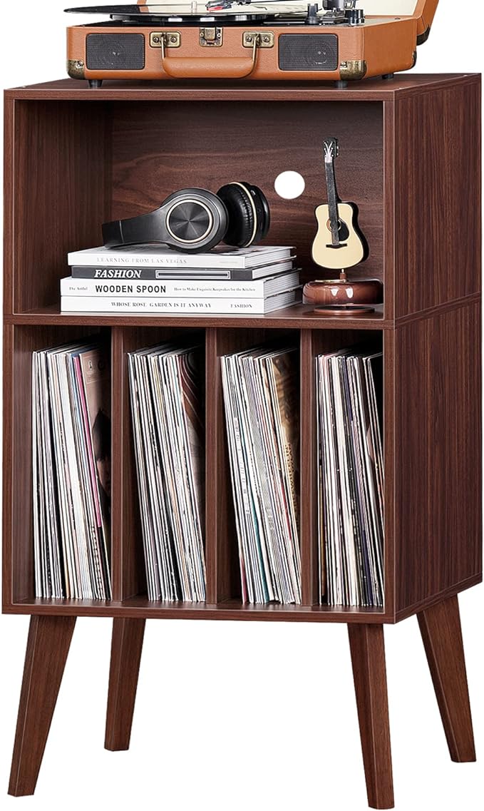 Lerliuo Record Player Stand, Walnut Turntable Stand Holds up to 160 Albums, Mid-Century Vinyl Storage Cabinet Table with Solid Wood Legs, Record Player Holder Dispaly Shelf for Bedroom Living Room
