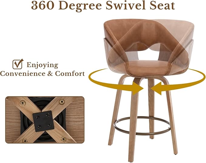 HNY 26 Inch Swivel Bar Stools with Back Set of 6, Brown Faux Leather Upholstered Counter Height Barstools with Solid Bentwood Frame, Round Footrest, Modern Barrel Counter Stools for Kitchen Island