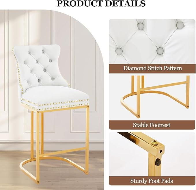 UVV Counter Height Bar Stools Set of 3, 26" Modern Barstools with Back, Faux Leather Upholstery Counter Chairs with Metal Legs for Kitchen Island, Bar, Counter, White