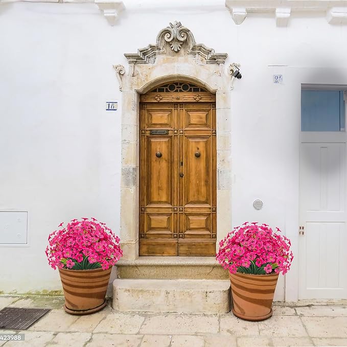 Outdoor Artificial Flowers 21 UV Resistant Bundles Fake Flower Plastic Plants Faux Silk Flowers Porch Hanging Garden Porch Window Box Decorating (Rose Red)