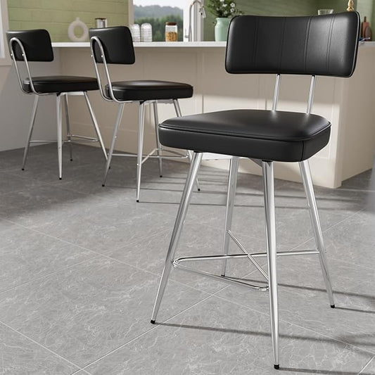 Swivel Bar Stools Set of 3, PU Leather Counter Height Bar Stools, 26" Modern Barstools with Backs and Footrest, Bar Chairs for Kitchen Island, Black