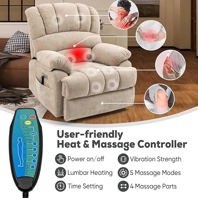 Power Lift Chair with Massage Lumbar Heating, Large Recliner Chair for Adult, 23" Wide Seat Big and Tall Recliner Sofa with Remote Control, Standing Assistance, Cup Holders, Beige