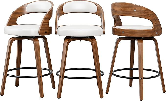 Bar Stools Set of 3, 26" Swivel Counter Height Bar Stools with Bentwood Legs and Back, Mid Century Modern Faux Leather Upholstered Counter Stools for Kitchen Island, Bar, Restaurant, White