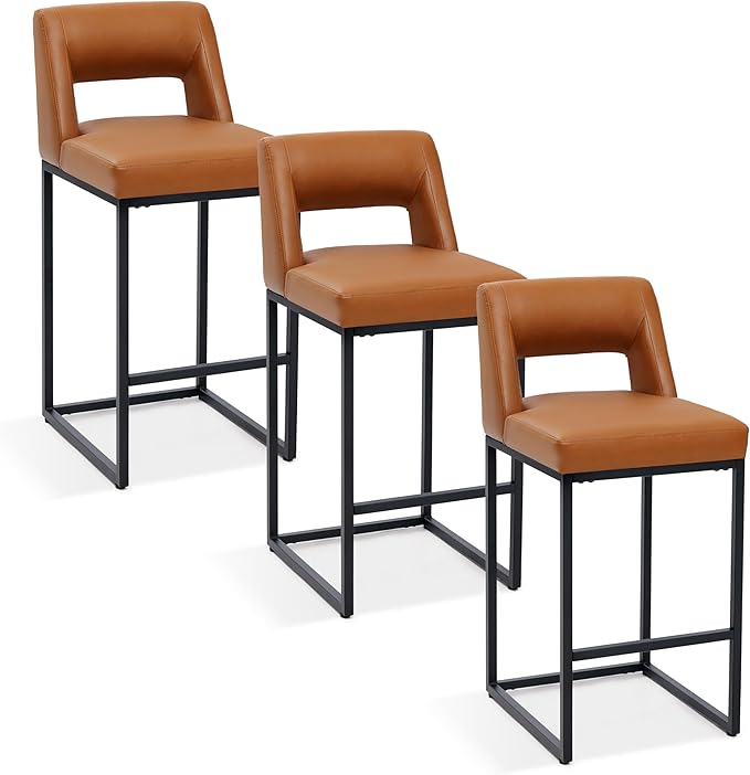 Counter Height Brown Bar Stools Set of 3 for Kitchen Counter Modern Bar Chairs with Backs for Kitchen Island with Upholstered Faux Leather Seat and Metal Frame, 24 Inch