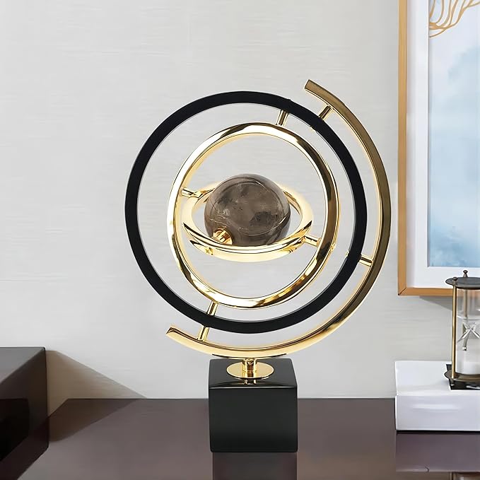 homary Modern Sculpture Decor Abstract Art Decoration Metal Globe Ornament Living Room Decor with Rectangle Stand Black & Gold