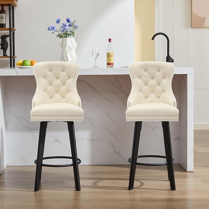 YISHENG Modern Swivel 27" H Seat Velvet Barstools with Backrest and Footrest,Button Tufted Rivet Trim Dining Room Chairs with Metal Pull Ring for Kitchen Island，Bistro, Home Bar，Cream 1PC