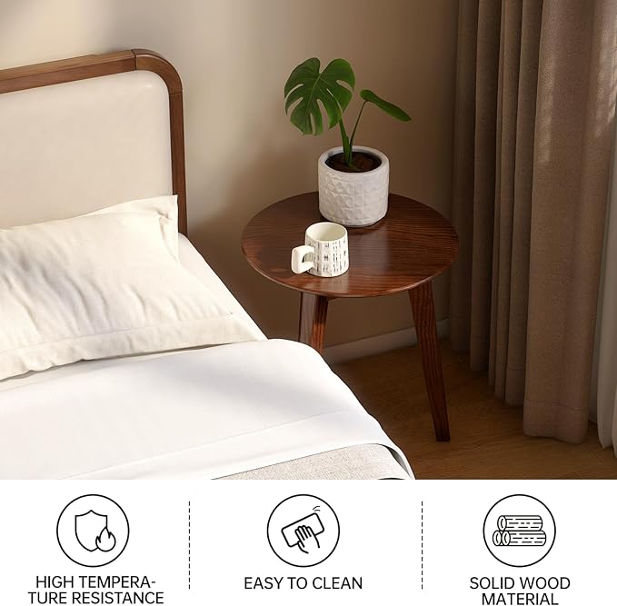 100% Solid Oak Round Side Table, Small Table w/Stable Frame, Round End Table, Small Side Table for Living Room, Bedroom, Couch(Walnut, 17.71" D x 19.68" H)