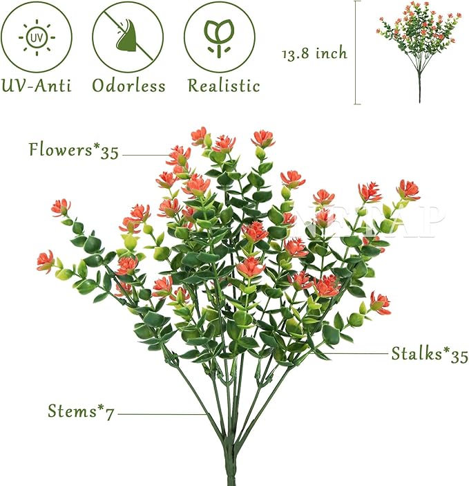 Outdoor Artificial Flowers UV Resistant, 20 Bundles Fake Realistic Floral Greenery Plants for Outside Porch, Window Boxes, Garden, Yard, Inside Home Table Decor, Orange