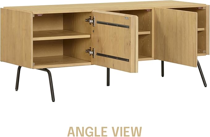 NTC Veil TV Stand with 3 Doors for TVs up to 60’’, Media Console with Vertical Groove Design and Metal Legs, Modern Entertainment Center for Living Room and Bedroom, Effortless Assembly, Sand