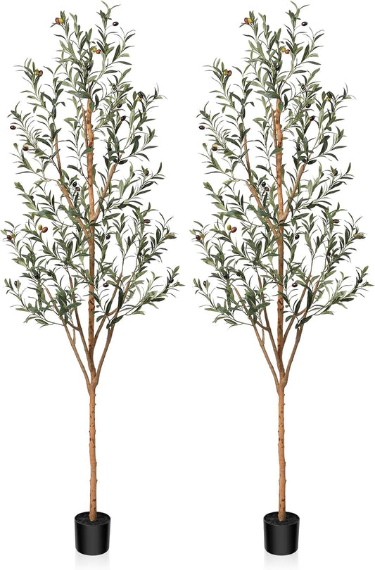 Kazeila Artificial Olive Tree 7FT Tall Faux Silk Plant for Home Office Decor Indoor Fake Potted Tree with Natural Wood Trunk and Lifelike Fruits, 2 Pack