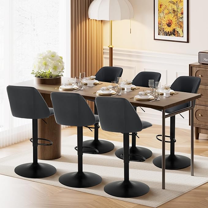 COLAMY Bar Stools Set of 2, Modern Swivel Bar Chairs, Adjustable PU Leather Upholstered Barstools Counter Height with Full Backrest for Bar, Dining Room, Kitchen Island, Black