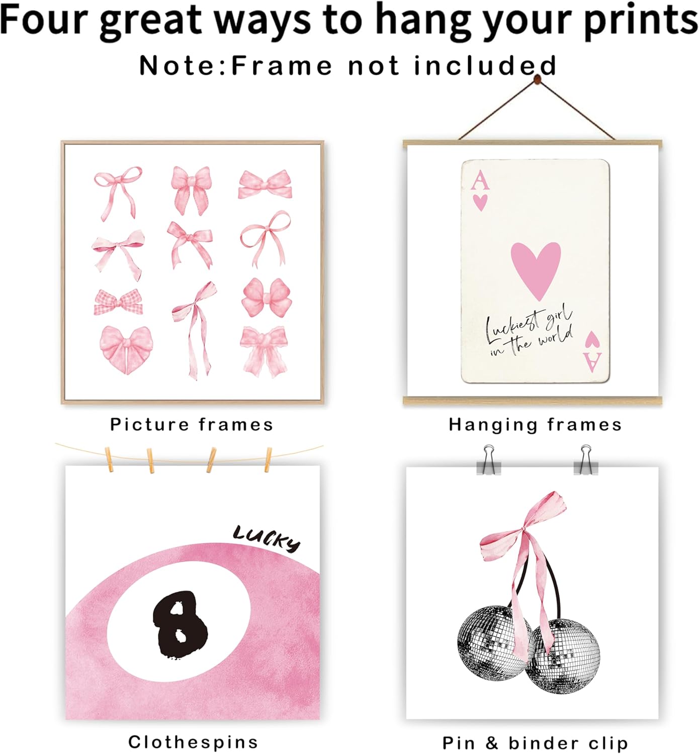okaxscm Pink Coquette Trendy Preppy Wall Art Prints Set of 4, Coquette Room Decor, Preppy Room Decor Aesthetic, Pink Bow Disco 8 Ball Cherry Wall Decor Posters for Girls Bedroom Dorm, 10x10 Unframed