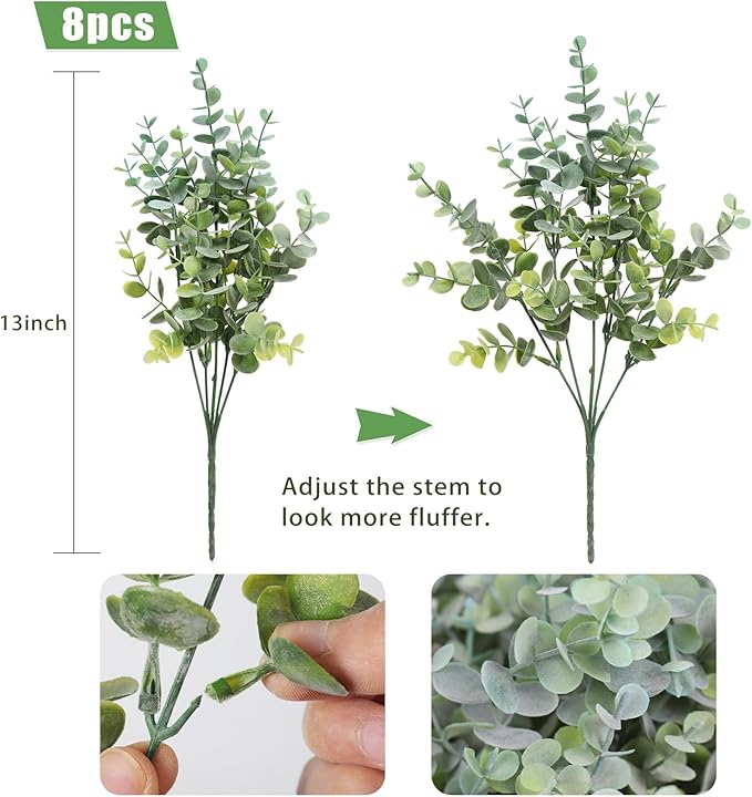 RECUTMS 8 Bundles Artificial Greenery Plants Stems Outdoor Fake Eucalyptus Plants Boxwood Bushes for Farmhouse Bathroom Office Vase Centerpiece Indoor Outdoor Decoration(Dusty Blue)