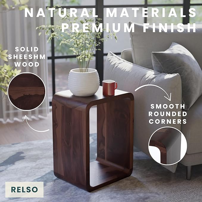 Relso Aurora End Table Solid Sheesham Wood Nightstand with Open Shelf Storage, Walnut Finish Bedside Table, Side Table for Bedroom, Living Room, Entryway, Small Spaces, Accent Bookshelf