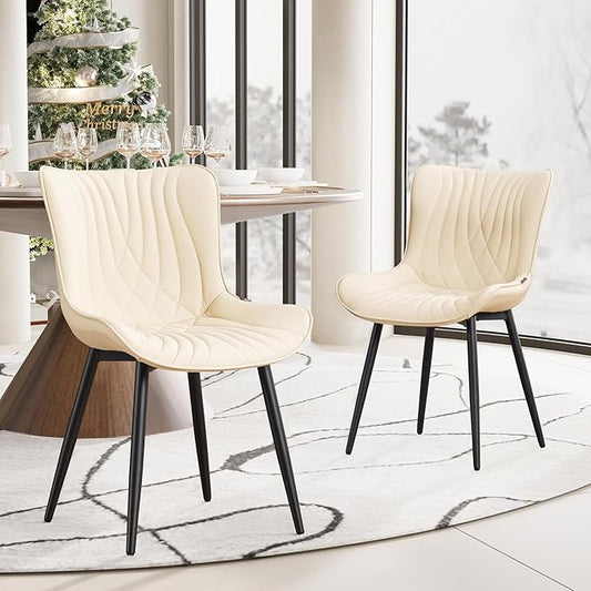 YOUTASTE Dining Chairs Set of 2, Mid Century Modern Upholstered Faux Leather Kitchen Room Chairs, with Black Metal Legs, Armless Accent Chair for Living Room, Bedroom, Vanity, Beige