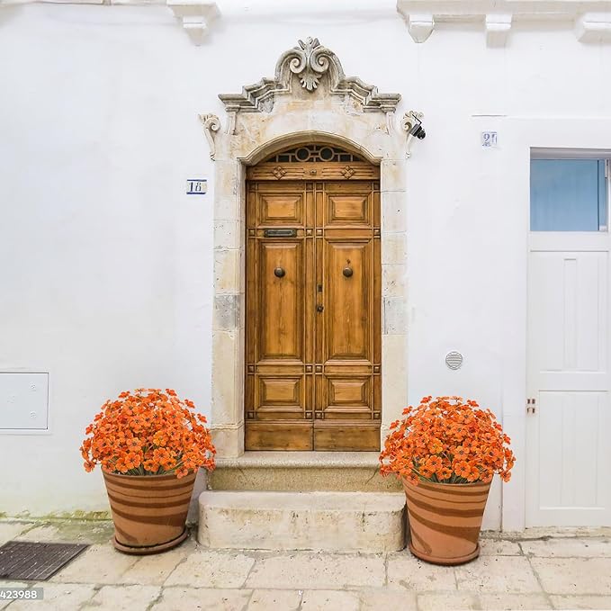 Outdoor Artificial Flowers 21 UV Resistant Bundles Fake Flower Plastic Plants Faux Silk Flowers Porch Hanging Garden Porch Window Box Decorating (Light Autumn Orange)