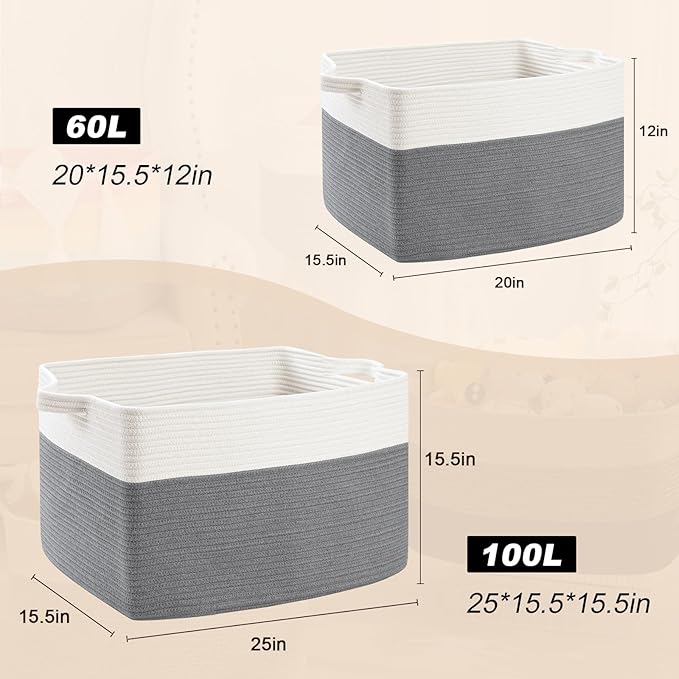 Large Blanket Basket, 100 L Rectangle Storage Baskets for Organizing, Woven Laundry Basket for Blankets, Cotton rope Blanket Storage for Living Room, Nursery Room, Gray