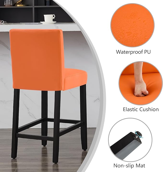 26'' Faux Leather Bar Stools, Modern Upholstered Bar Chairs with Back, Soild Wood Legs Barstools for Kitchen Island, Orange