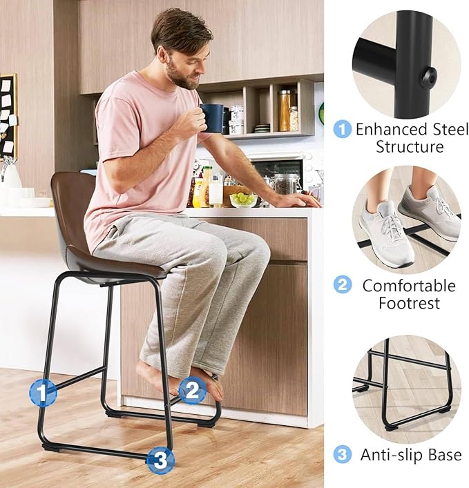 Rfiver Pu Faux Leather Bar Stools Set of 6, Industrial Pub Barstools with Back and Footrest, Modern Armless Bar Height Stool Chairs (Brown, 24" Counter Chair x6)