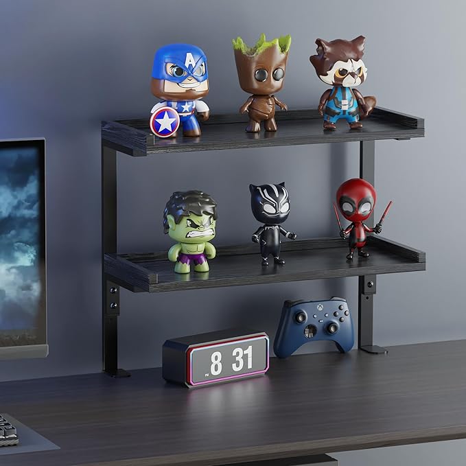 Clamp On Desk Shelf 2-Tier, 16.5 in Wood Shelving Unit for Office Desk/Gaming Accessories, Tabletop Book Storage Rack, Shelf for Top of Desk, Black