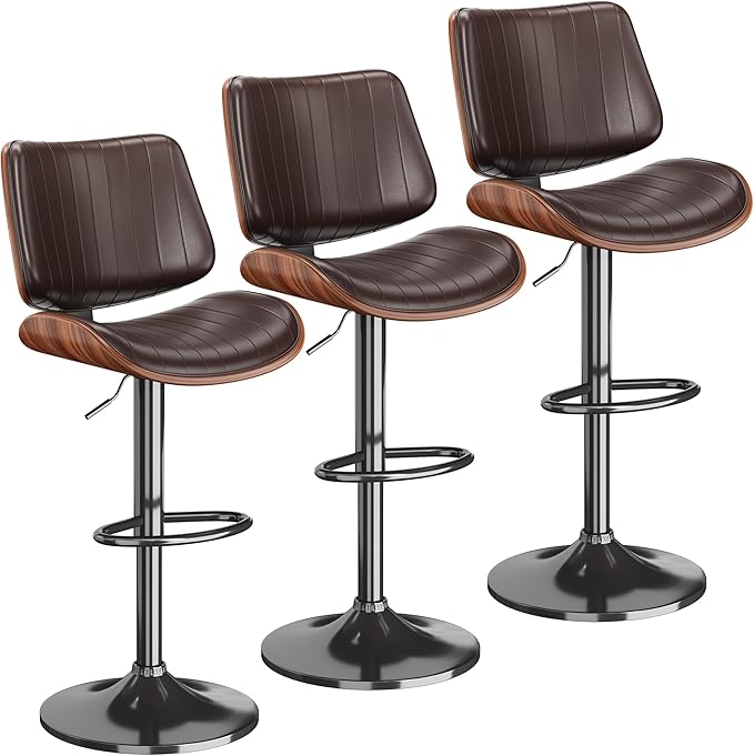 Swivel Bar Stools Set of 3, Adjustable Bentwood Barstools for Kitchen Counter, Modern PU Leather Upholstered Bar Chair with Back and Footrest, for Kitchen Island, Bar, Dining Room, Brown