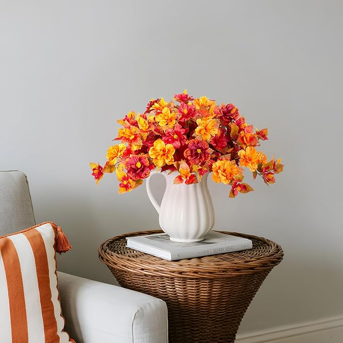 Fake Fall Flowers Artificial for Outdoors Decoration 2PCS Faux Orange Flowers for Outdoor Planters Outside Hibiscus Flower Fall Décor for Home Front Porch Yard Patio