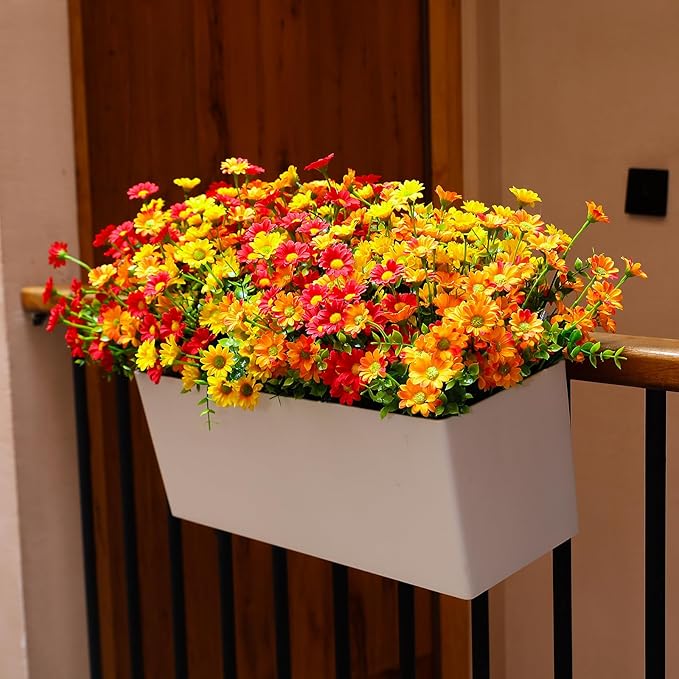 alyptus Fake Mums Artificial Flowers – 12 Bundles Fall Flowers for Outdoor Orange Display, Faux Mums UV Resistant Silk Plants for Porch, Patio, Garden, Thanksgiving Decor (Red 5, Orange 5, Yellow 2)