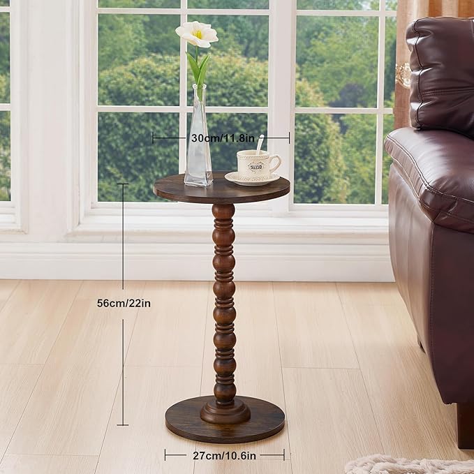 Round Side Table,Stable Small Drink Table for Small Spaces, Modern Accent Side Table with Solid Rubber Wood Table Leg,Easy Assembly for Living Room, Bedroom, Sofa & Office Corners-Rustic Brown