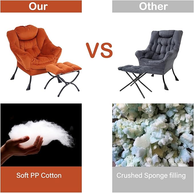 LITA Lazy Chair with Ottoman, Modern Lounge Accent Chair with Armrests and a Side Pocket, Leisure Upholstered Sofa Chair Set, Reading Chair with Footrest for Small Space, Corner Chair,Orange