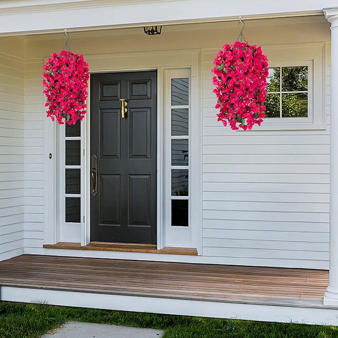 2 pcs Artificial Faux Bougainvillea Flowers Plants for Outdoor Outside Summer Decoration, Fake Silk UV Resistant Long Trailing Vines for Front Door Porch Planter Balcony (Purple Rose Red)