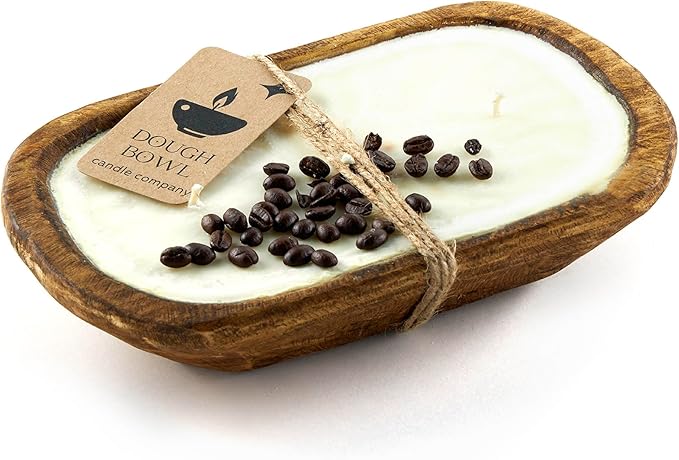 Dough Bowl Candle Co. Vanilla Latte Soy Candle - 3 Wick Rustic Farmhouse Decor Odor Eliminator in Wooden Bowls, 20 Oz Wooden Dough Bowl Candle, All-Natural Gifts for Women or Men, Coffee Table Decor