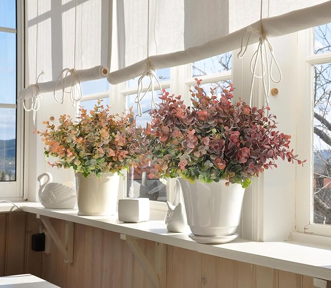 RECUTMS 12 Bundles Fake Bushes Artificial Plants Outdoor Faux Plant Eucalyptus Stems Fake Porch Plants for Farmhouse Bathroom Office Vase Centerpiece Indoor Outdoor Decor(Dusty Red)