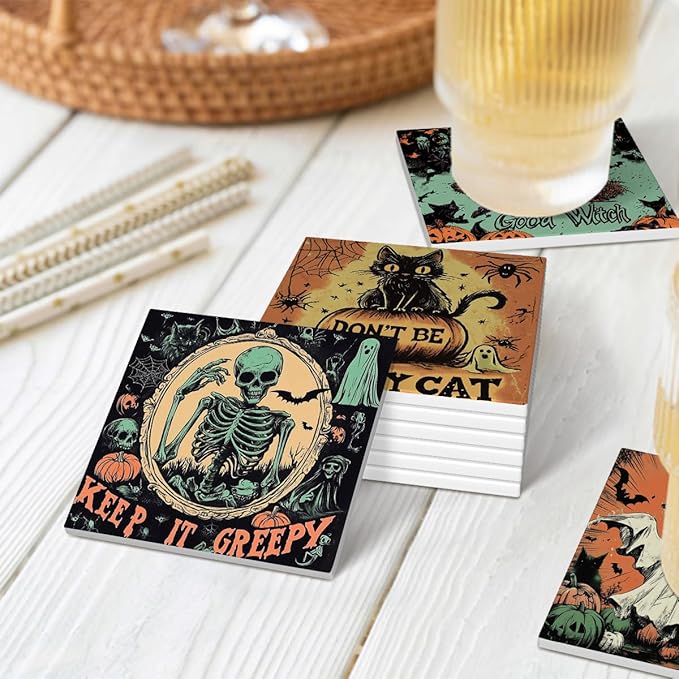 Halloween Drink Absorbent Coasters with Holder Set of 6, Ceramic Stone with Cork Base, Vintage Pumpkin Coaster for Drinks, Gift for Housewarming Room