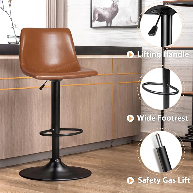 LEMBERI Bar Stools Set of 2 Modern Swivel Barstools Counter Height with Backrest, Faux Leather Upholstered Bar Chairs for Kitchen Island, Brown
