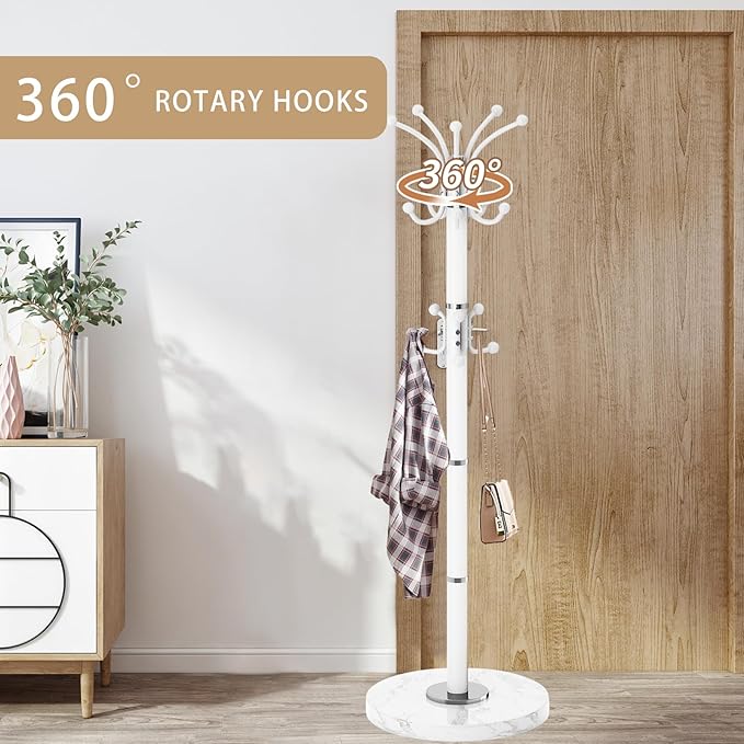 Metal Heavy Duty Coat Rack Stand, Modern 360° Roraty Freestanding Coat Rack with Natural Marble Base, White Coat Racks Hall Tree Hanger Stand with 16 Hooks for Entryway, Office