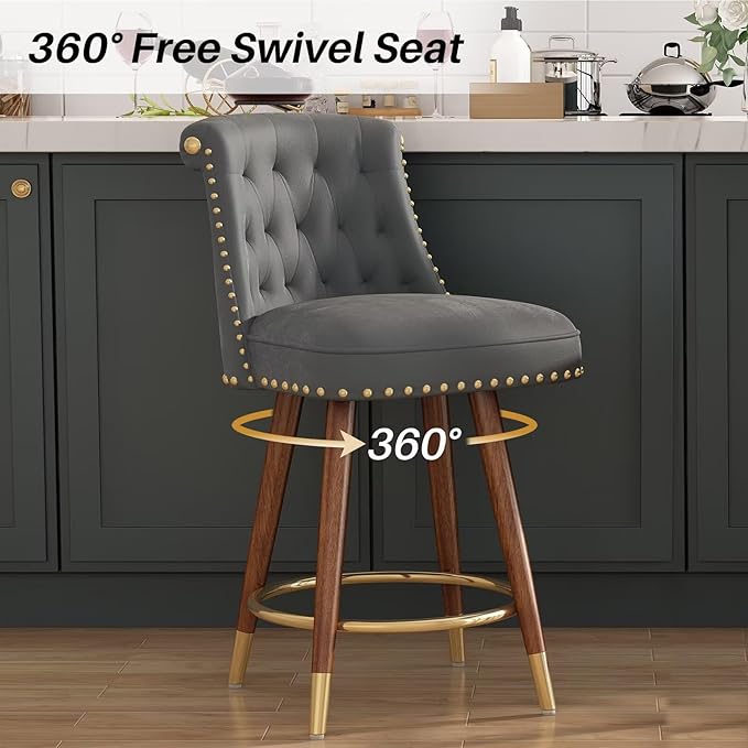 24" Counter Height Bar Stools Set of 4, Swivel Counter Stools with Back, Upholstered Velvet Stools for Kitchen Counter with Wood Legs, Fabric in Gray