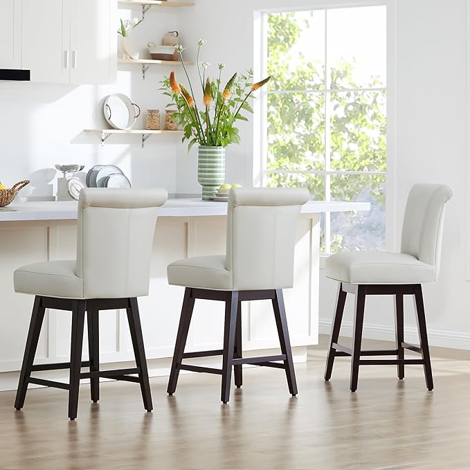 CHITA 26 Inch Counter Height Swivel Bar Stools Set of 3, FSC Certified Modern Upholstered Faux Leather Swivel Barstool Chair with Back, Creamy Grey
